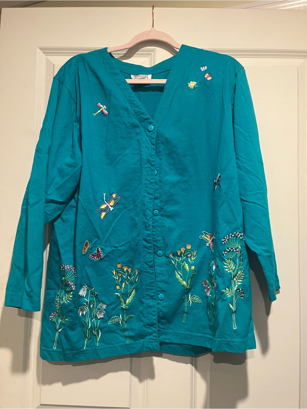 Embroidered Floral Button-Front Cardigan — Teal 100% Cotton